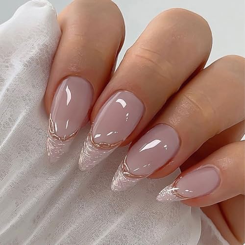 SanKristo Press on Nails Falsche Nägel Aufkleben 24 Stück, French Goldrand Glitzer Mandelförmige Glänzend Vollständige Abdeckung Künstliche Fingernägel mit Soft Gel für Frauen, Rosa von SanKristo