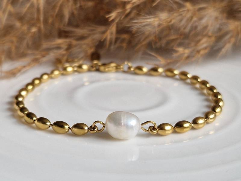 Edelstahl Armband Perle | 18K Vergoldet Süßwasserperle Minimalistisch Filigran Brautschmuck Hochzeit Wasserfest Stilvoll von SanMikaDesign
