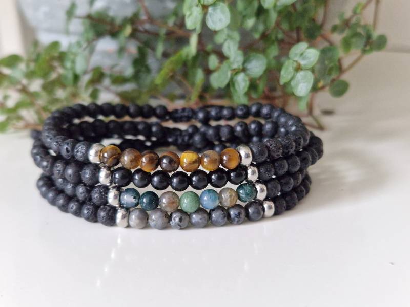 Lava Edelstein Armband Männer | Makramee Armband Mann Schmuck Lava Achat Labradorit Tigerauge Obsidian Lavastein von SanMikaDesign