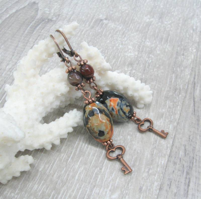 Kupfer Ohrringe Mit Feuer Achat Orange Schwarz Edelstein Vintage Skelett Boho Chic Schmuck Geburtstag Geschenk Für Freundin Kupfer Ohrringe Mit Feuer Achat Orange Schwarz Edelstein Vintage Skelett Boho Chic Schmuck Geburtstag Geschenk Für Freundin von SanaGem