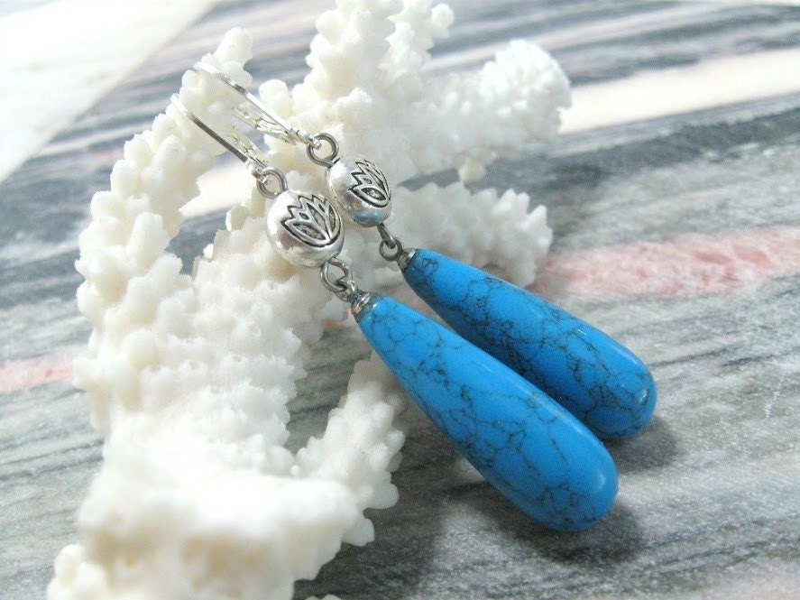 Türkis Teardrop Ohrringe Blau Howlith Edelstein Imitat Lange Sommer Mode Meer Strand Büro Lässig von SanaGem