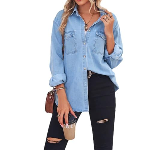 Hemd Damen, Damen Langarm Jeanshemd Bluse Mode Dünn Hellblaue Waschung Verblasst V-Ausschnitt Hemden Tops Lässig Button-Down-Blusen ﻿ (DE/NL/SE/PL, Alphanumerisch, M, Regular, Regular von Sanahy