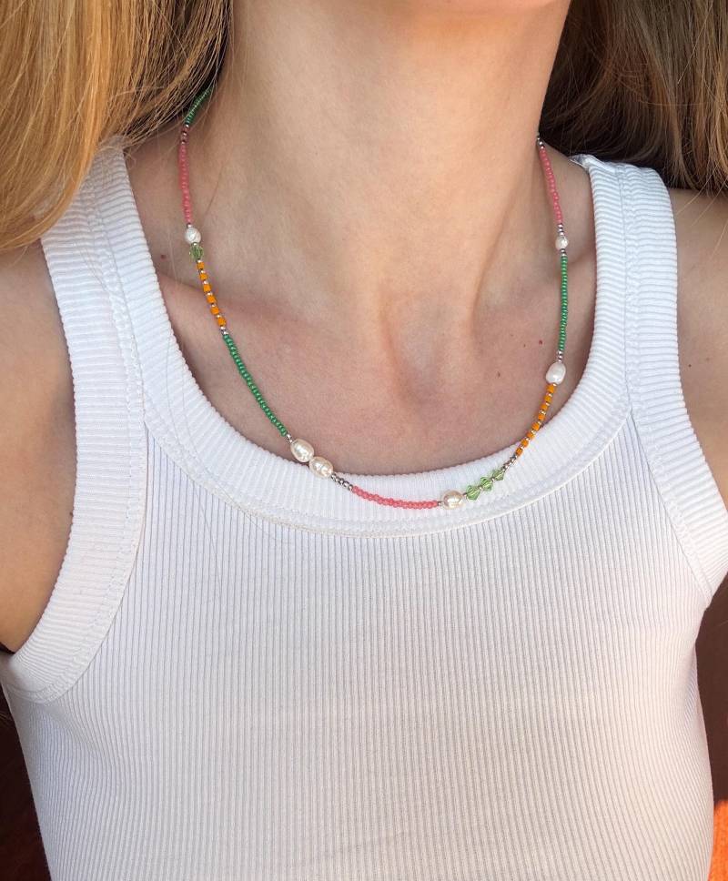 Rosa/Grüne Perlenkette, Sommerkette, Mehrlagige Halskette, Weihnachtsgeschenk von SanchesStore