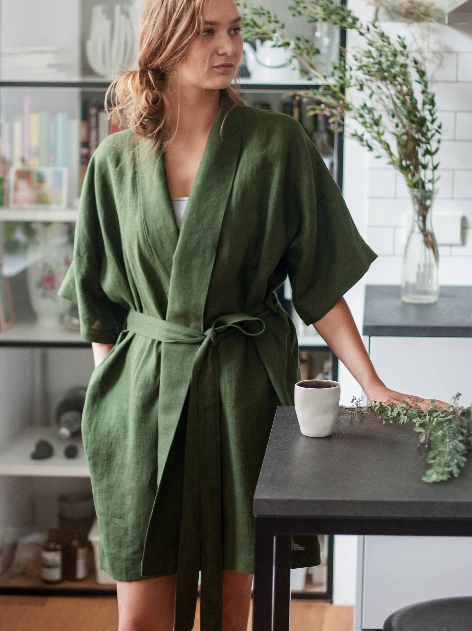 Grüner Leinen Bademantel, Geschenk Für Sie Dunkelgrüner Natürlicher Kimono Bademantel Frauen von SandSnowLinen