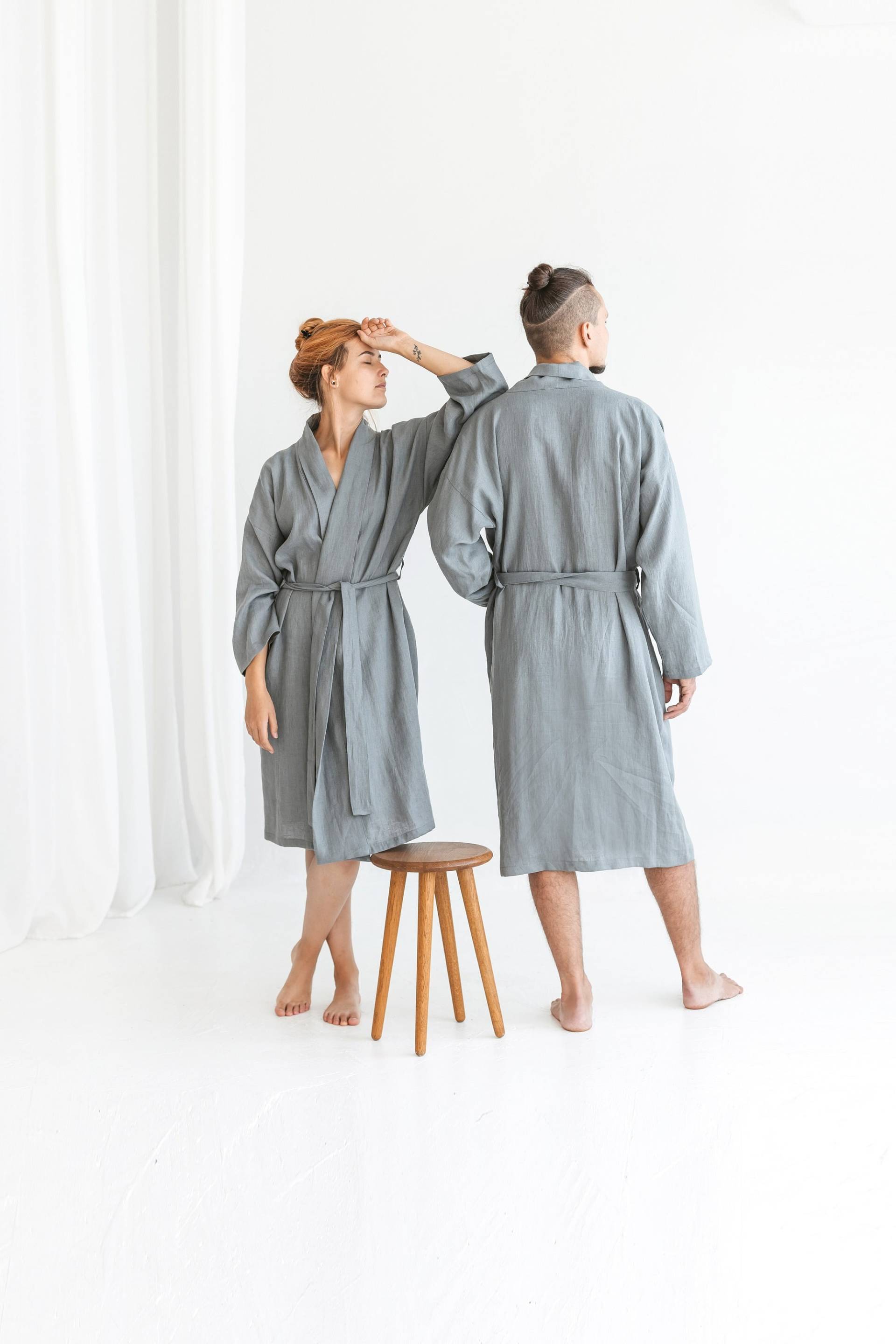 Set Aus 2 Leinen Bademänteln Für Sie Und Ihn, Bademantel Frauen Männer, Langer Kimono Mit Gürtel von SandSnowLinen