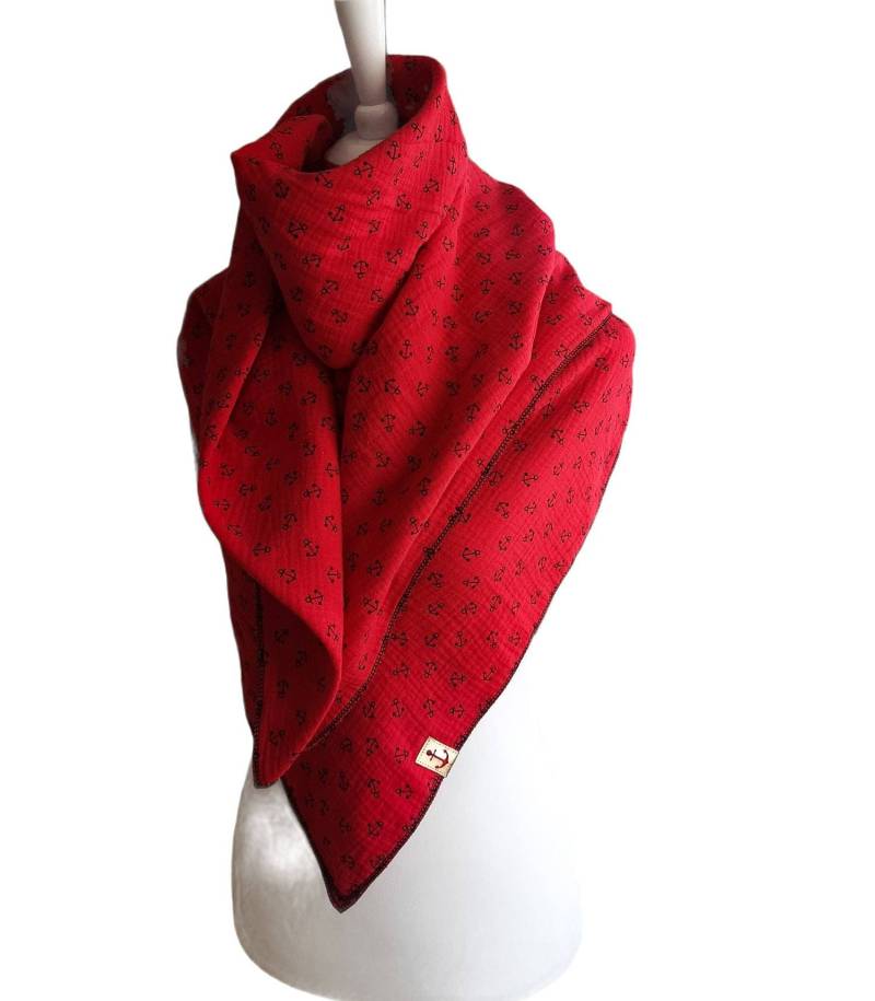 Musselintuch/Musselindecke Aus Bio Baumwollstoff in Rot Mit Ankern Und Patch 130 X 130cm von SandaiDesign