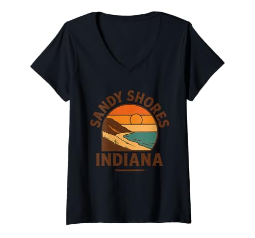 Damen Sandy Shores Indiana-Shirt mit Panoramablick auf den Sonnenuntergang T-Shirt mit V-Ausschnitt von Sandy Shores Indiana Tee Shirts for Coastal Hikers