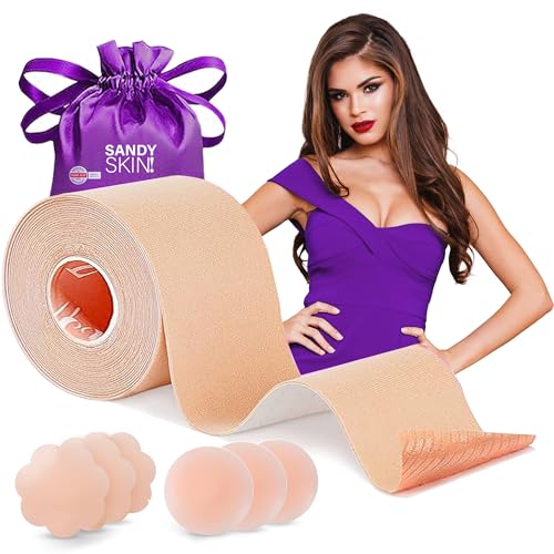 Sandy Skin® Premium Boob Tape + GRATIS 5 Paar Nippelpads | Busentape - Brust Tape – Klebe Push-Up BH – Booby Tape für große Brüste – Rückenfreier BH für Brüste – Klebe-BH von Sandy Skin
