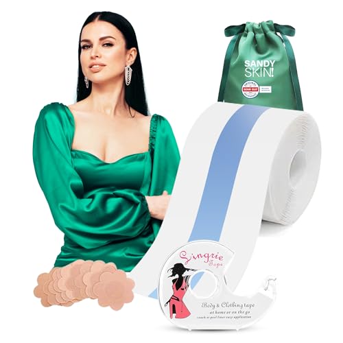 SandySkin® | 2in1 Busen-Tape Farbe weiß + Gratis Silikon Nippel-Pads | Boob Tape, Body Tape, Push-Up, Lifting | Push-UP | Rückenfreies Kleid Abendkleider (Weiß) von Sandy Skin