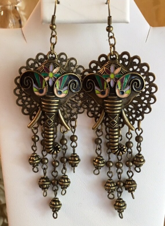 Bronze Emaillierte Elefanten Ohrringe 084 von SandyNationJewelry