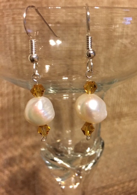 sterling Silber Perle Und Bernstein Farbe Kristalle Ohrringe 472 von SandyNationJewelry