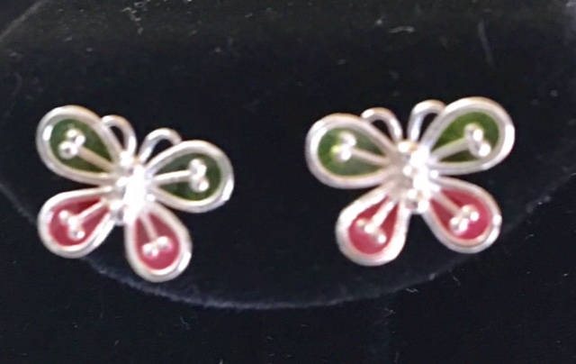 sterling Silber Rosa Und Grün Schmetterling Ohrringe 1019 von SandyNationJewelry