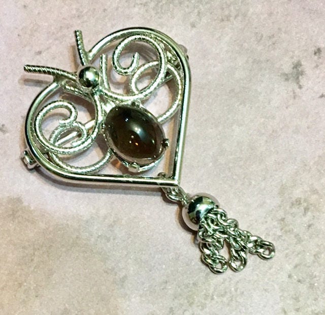 Vintage Wells Sterling Silber Schmetterling Herz Brosche/Pin Mit Rauchtopas Und Quaste 378 von SandyNationVintage