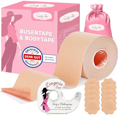 SandySkin® | 3in1 Busen-Tape Brust Klebe BH Push Up Unsichtbares Busentape + Gratis Silikon Nippel-Pads | Boob Tape, Body Tape, Push-Up, Lifting | Push-UP | Rückenfrei Größe A-G (Nude Hautfarbe) von Sandy Skin