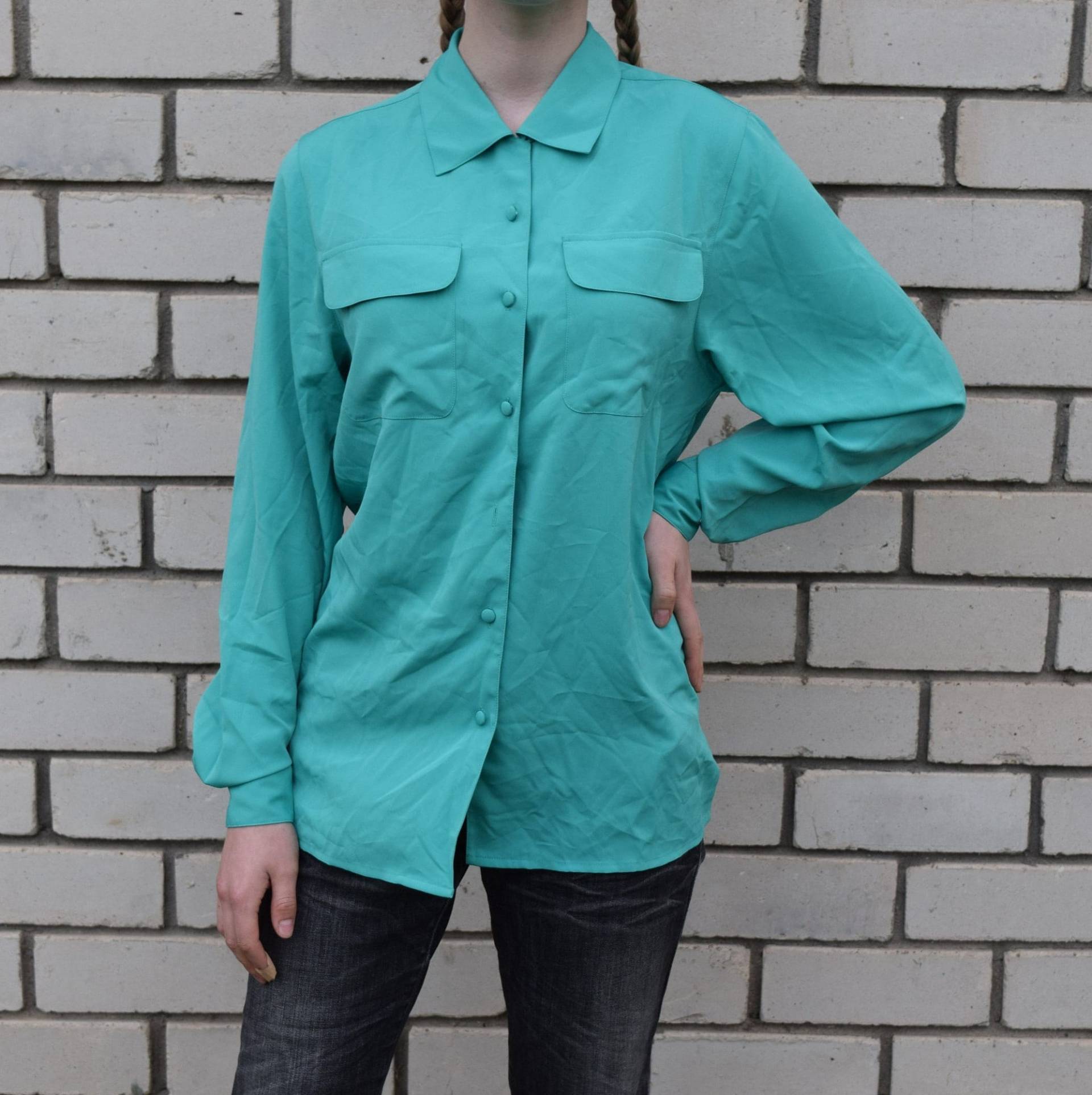 Vintage Damen Bluse Grün Polyester Langarm Button Up Shirt L Größe von SandyVintageBoutique