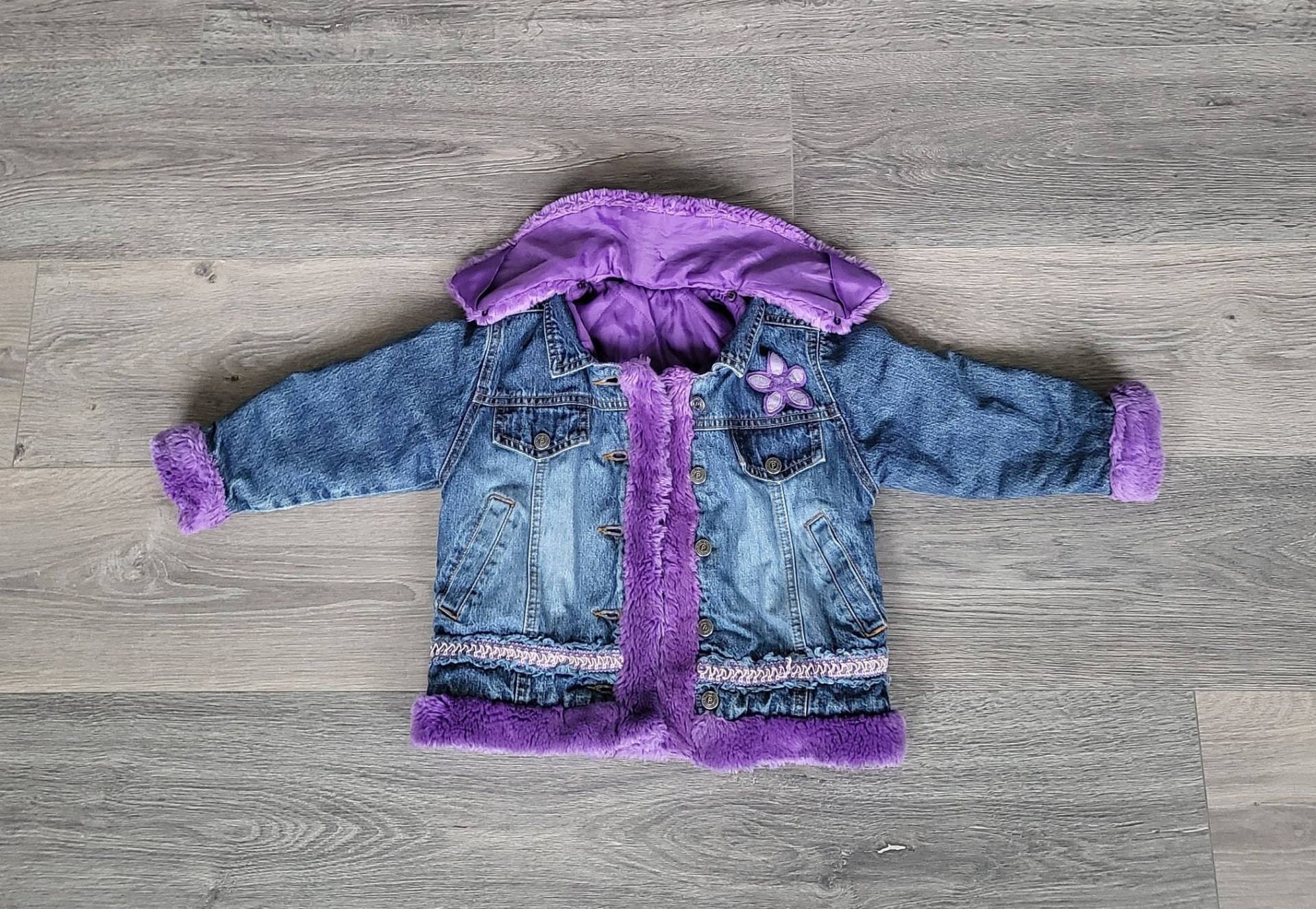 Vintage Jeans Blau Und Lila Kleinkind Jacke Denim Für 3 Jahre Altes Mädchen/Kunstfell Verschönert Mantel European von SandyVintageBoutique