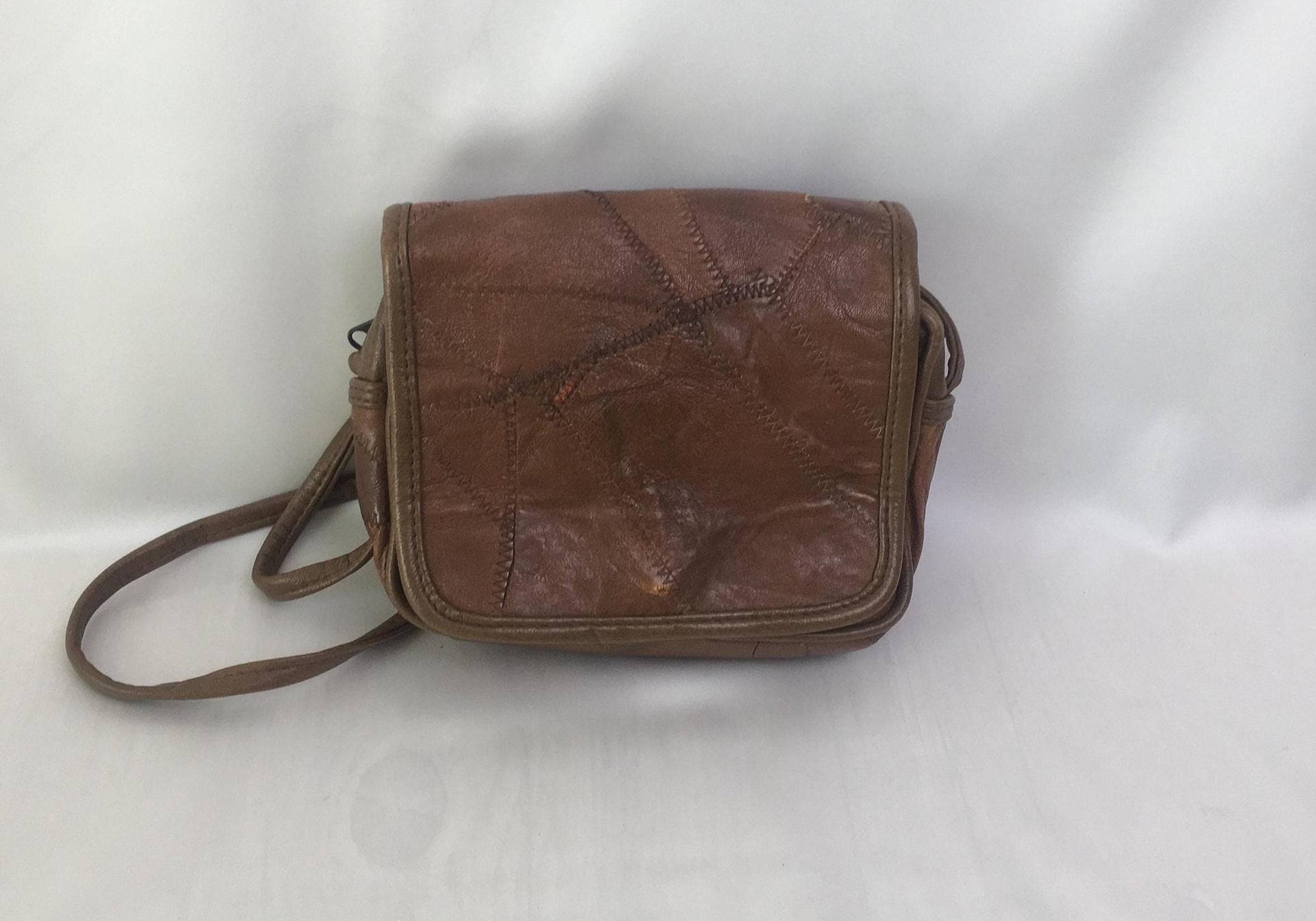 Vintage Patchwork Ledertasche Braun/Kleine Umhängetasche 90Er Jahre Damen Mode Accessoire von SandyVintageBoutique