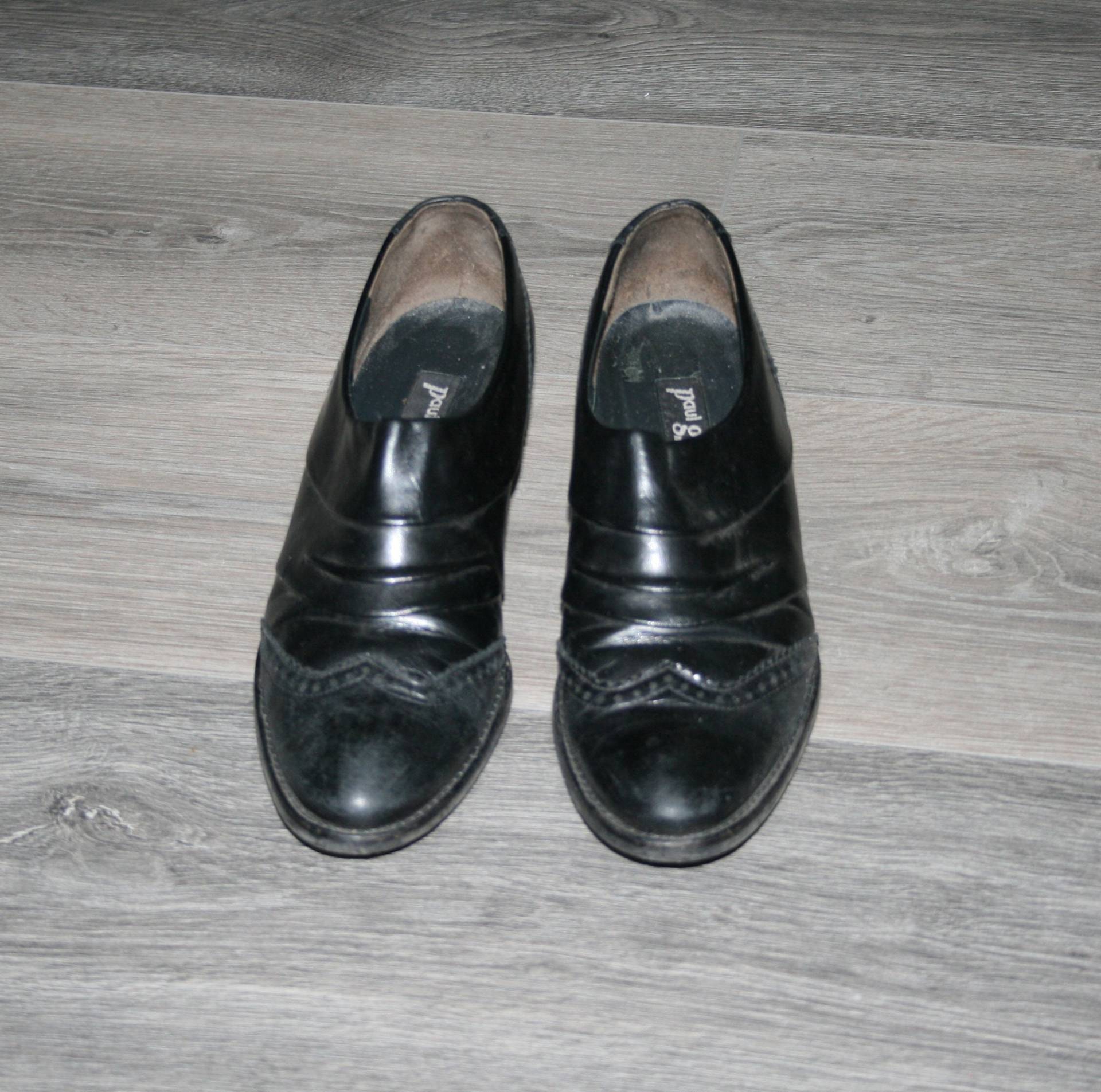 Vintage Schwarze Leder Frauen Slip-On Schuhe/Wingtip Loafers Uk Größe 5 Chunky Absatz Mandelförmige Zehen Paul Green von SandyVintageBoutique