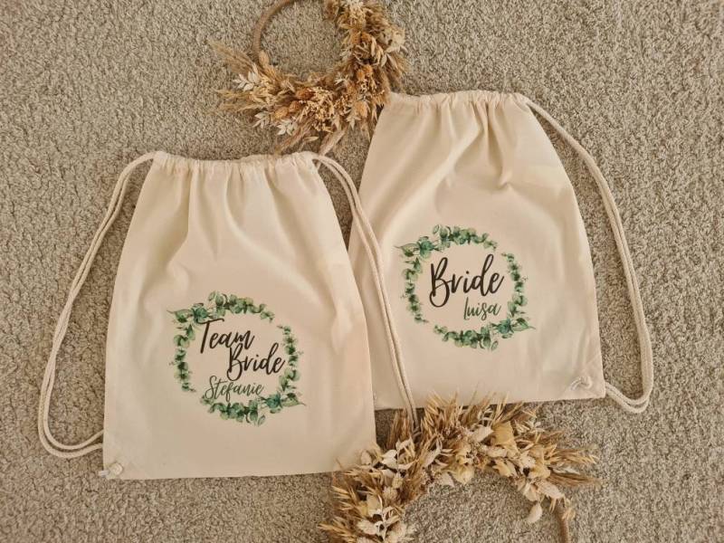 Personalisierter Rucksack Mit Eukalyptus Aquarell Kranz Im Boho Stil Deinem Wunschtext | Jga Bride/Team Bride Beutel von SandysWerk