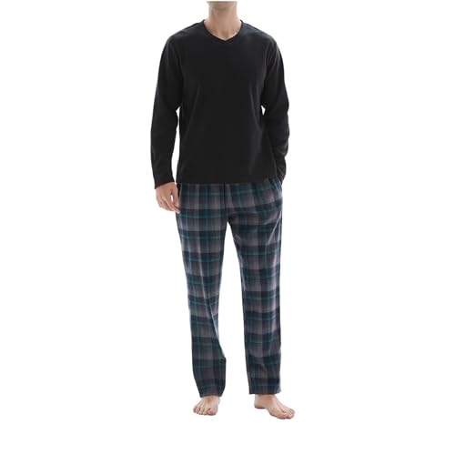 SaneShoppe Herren-Pyjama-Set, Thermo-Fleece-Oberteil, Flanellhose aus 100 % Baumwolle, atmungsaktiver Pyjama in Schwarz, elastischer Bund, 2 Seitentaschen – M von SaneShoppe