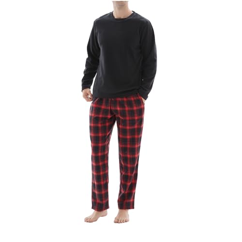 SaneShoppe Herren-Pyjama-Set, Thermo-Fleece-Oberteil, Flanellhose aus 100% Baumwolle, atmungsaktiver Pyjama in Rot Schwarz, elastischer Bund, 2 Seitentaschen – M von SaneShoppe