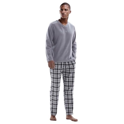 SaneShoppe Herren-Pyjama-Set, Thermo-Fleece-Oberteil, Flanellhose aus 100% Baumwolle, atmungsaktiver Pyjama in Grau, elastischer Bund, 2 Seitentaschen – L von SaneShoppe