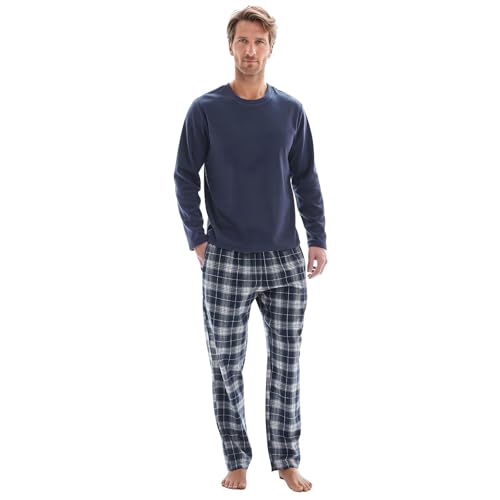SaneShoppe Herren-Pyjama-Set, Thermo-Fleece-Oberteil, Flanellhose aus 100% Baumwolle, atmungsaktiver Pyjama in Marineblau, elastischer Bund, 2 Seitentaschen – M von SaneShoppe