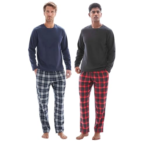 SaneShoppe Herren-Pyjama-Set, Thermo-Fleece-Oberteil, Flanellhose aus 100% Baumwolle, atmungsaktiver Pyjama in Rot-Marineblau, elastischer Bund, 2 Seitentaschen, 2er-Pack - L von SaneShoppe