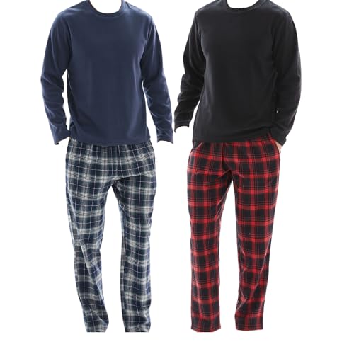 SaneShoppe Herren-Pyjama-Set, Thermo-Fleece-Oberteil, Flanellhose aus 100% Baumwolle, atmungsaktiver Pyjama in Rot-Marineblau, elastischer Bund, 2 Seitentaschen, 2er-Pack - M von SaneShoppe