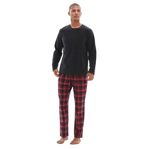 SaneShoppe Herren-Pyjama-Set, Thermo-Fleece-Oberteil, Flanellhose aus 100% Baumwolle, atmungsaktiver Pyjama in Rot Schwarz, elastischer Bund, 2 Seitentaschen – M von SaneShoppe
