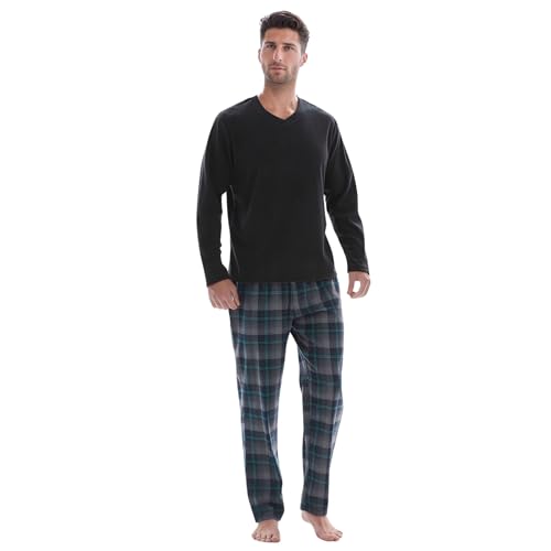 SaneShoppe Herren-Pyjama-Set, Thermo-Fleece-Oberteil, Flanellhose aus 100% Baumwolle, atmungsaktiver Pyjama in Schwarz, elastischer Bund, 2 Seitentaschen – M von SaneShoppe