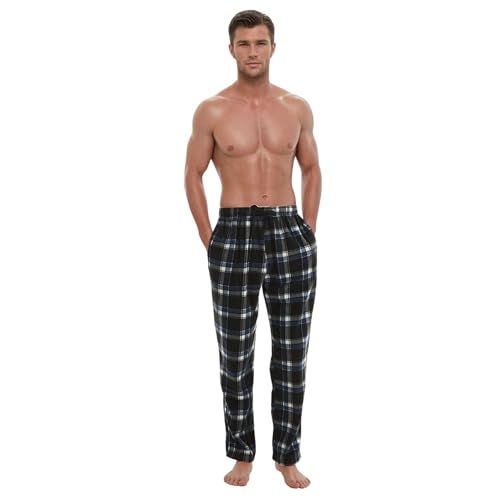 SaneShoppe Herren Thermo Fleece Pyjama Lounge Hose Winter Bottom - Warm, Komfortabel, Größen M bis 3XL, Weiche Loungewear Kariert Flauschig 2 Taschen Kordelzug Pyjama Herren Schlafanzug Pj Blau - XL von SaneShoppe
