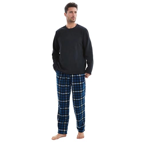 SaneShoppe Herren Thermo Fleece Pyjama Set, 1er Pack Luxus Langarm Loungewear 2 Taschen Kariert Bequeme Lounge Pj Nachtwäsche Herren Marineblau - XL von SaneShoppe