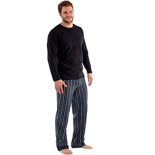 SaneShoppe Herren Thermo Fleece Pyjama Set, 1er Pack Luxus Langarm Loungewear 2 Taschen Kariert Bequeme Lounge Pj Nachtwäsche Herren Schwarz - M von SaneShoppe