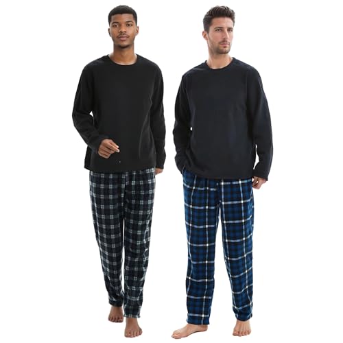 SaneShoppe Herren Thermo Fleece Pyjama Set, 2er Pack Luxus Langarm Loungewear 2 Taschen Kariert Bequeme Lounge Pj Nachtwäsche Herren Marineblau Schwarz - XL von SaneShoppe