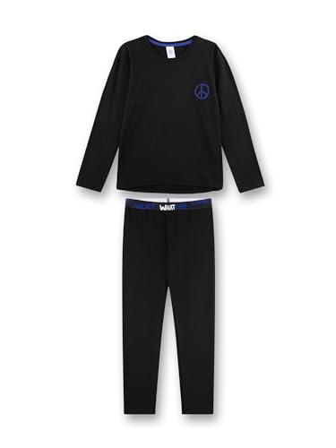 Mädchen-Schlafanzug Schwarz | Hochwertiger und bequemer Schlafanzug aus Baumwolle für Mädchen. Langarm Schlafanzug mit Peace-Motiv | Pyjamaset für Mädchen von Sanetta