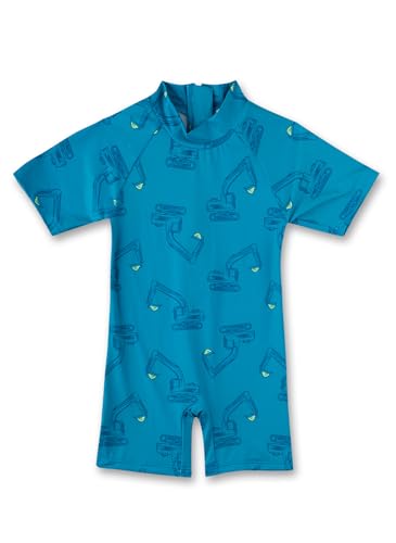 Sanetta Jungen Schwimmanzug Blau | Praktischer und schützender Schwimmanzug aus recyceltem Polyester für Jungen. Kurzarm Schwimmanzug mit Baggerprint | Bademode für Kinder von Sanetta