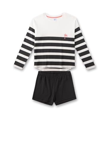 Sanetta Mädchen-Schlafanzug Shorts Beige | Hochwertiger und bequemer Schlafanzug aus Baumwolle für Mädchen. Langarm Schlafanzug mit Ringelmuster | Pyjamaset für Mädchen von Sanetta
