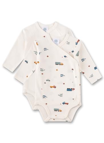 Sanetta Wickelbody Langarm (Doppelpack) Beige und Beige mit Fahrzeugen | Nachhaltiger und süßer Wickelbody für Jungen aus Bio-Baumwolle. Inhalt: 2er Set Baby Wickelbody von Sanetta