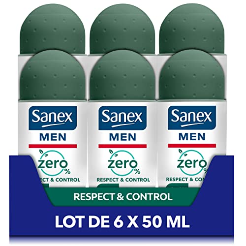 SANEX - Deodorant mit Kugel, 0% Respect & Control – Deodorant für Herren – 24 Stunden Wirksamkeit – ohne Alkohol, ohne Aluminiumsalze – 6 Roll-On à 50 ml von Sanex