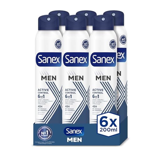 Sanex Men Active Control Deospray für Männer, 6er Pack (6 x 200 ml) 48H Schutz, Anti-Transpirant, Anti-Reizung, 0% Alkohol, Bekämpfung von schlechtem Geruch, langanhaltend von Sanex