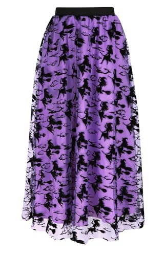 Halloween Damen Rock, Samt Hexen Mesh Tüllrock Elastischer Hoher Bund A Linie Swing Midirock Halloween Kostüm (L, XL, Lila - Hexen) von Sangdut