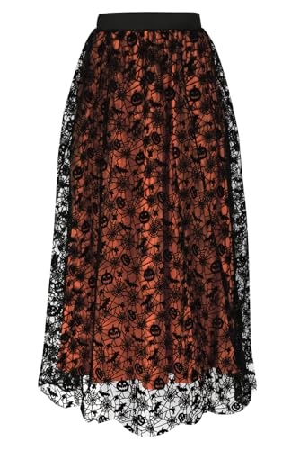 Halloween Damen Rock, Samt Kürbis und Spinnennetz Mesh Tüllrock Elastischer Hoher Bund A Linie Swing Midirock Halloween Kostüm (XXL, Orange - Kürbis) von Sangdut