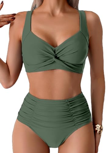 Sangdut Damen Badeanzüge Bikini Set, Bauchweg Lace Up Badeanzug Zweiteiliger Bauchweg Bademode für Damen(Grün,L) von Sangdut