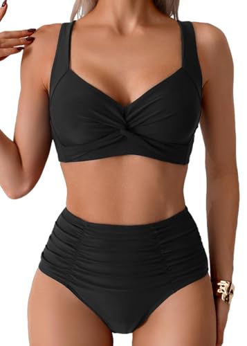 Sangdut Damen Badeanzüge Bikini Set, Bauchweg Lace Up Badeanzug Zweiteiliger Bauchweg Bademode für Damen(Schwarz,XL) von Sangdut