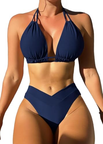 Sangdut Damen Zweiteiliger Bikini Set V Ausschnitt Badeanzug Push Up Bikini Bademode Bauchkontrolle Mit Cups Triangel Bikinihose（Blau, XL） von Sangdut