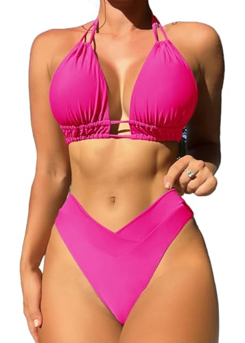 Sangdut Damen Zweiteiliger Bikini Set V Ausschnitt Badeanzug Push Up Shape Bikini Bademode Bauchkontrolle Mit Cups Triangel Bikinihose（Rosa，L） von Sangdut