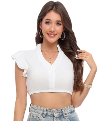 Sangdut Dirndl Bluse Damen, V-Ausschnitt Flügelärmel Dirndlbluse Weiß Kurzarm Oktoberfest Trachtenbluse mit Knöpfen (S, Weiß - kleine Traumpfeffersärmel) von Sangdut