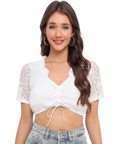 Sangdut Dirndl Bluse Damen, V-Ausschnitt Spitzeärmel Dirndlbluse Weiß Kurzarm Oktoberfest Trachtenbluse mit Kordelzug (S, Weiß - Spitzenärmel) von Sangdut