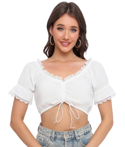 Sangdut Dirndl Bluse Damen, Weiß Kurzarm V-Ausschnitt Puffärmel Dirndlbluse Oktoberfest Trachtenbluse mit Kordelzug (XL, Weiß - Ballonärmel) von Sangdut